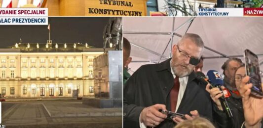 ELIGERE.PL | Grzegorz Braun ujawnił pod siedzibą Trybunału Konstytucyjnego szokujący dokument. Foto: TV Republika