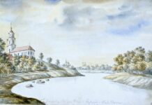 Druja (Sapieżyn) i Piedruja (Przydrujsk), czyli jedna historia dwóch miasteczek rozdzielonych Dźwiną ELIGERE.PL | Widok na kościoły w Drui (po lewej) i Piedrui (po drugiej stronie Dźwiny) oraz na kamienie w rzece Dźwinie (między 1875 a 1877 rokiem). Grafika: Obraz w Muzeum Narodowym w Krakowie.